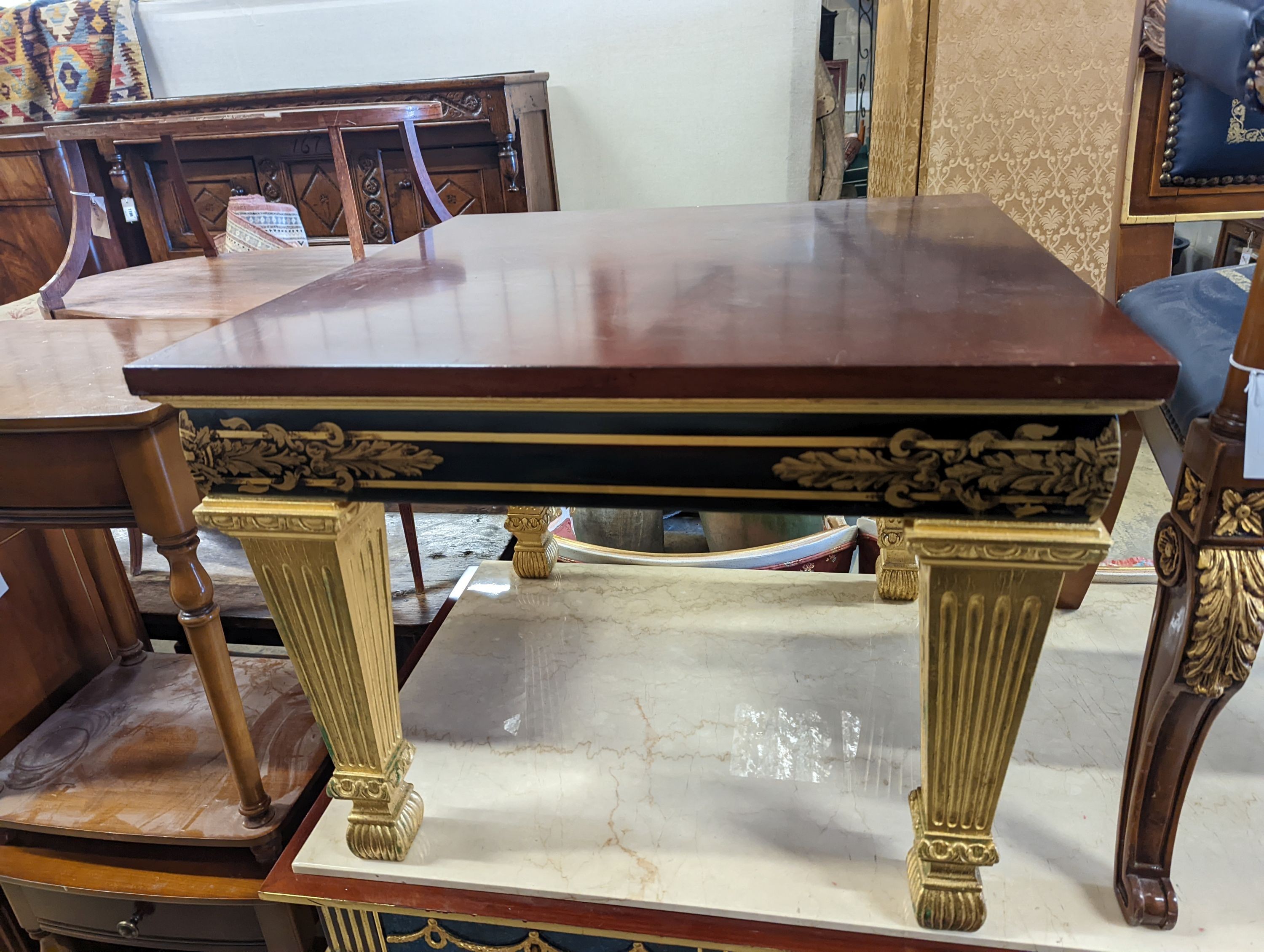 An Empire style parcel gilt mahogany elbow chair together with a similar square low occasional table, width 70cm, height 55cm